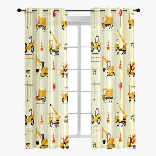 Odot Transparent Gardinen mit Ösen Schlaufen, Kinder Drucken Vorhänge Voile Sheer Vorhang Dekoschal Fensterschal Ösenvorhang für Wohnzimmer Fenster 2er Set (132x244cm,Traktor) von Odot