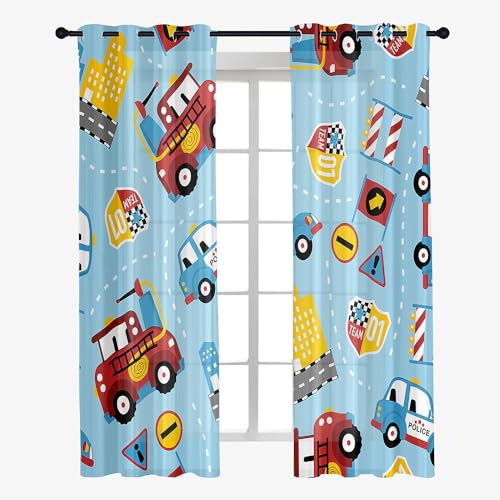 Odot Transparent Gardinen mit Ösen Schlaufen, Kinder Drucken Vorhänge Voile Sheer Vorhang Dekoschal Fensterschal Ösenvorhang für Wohnzimmer Fenster 2er Set (80x115cm,Autos) von Odot