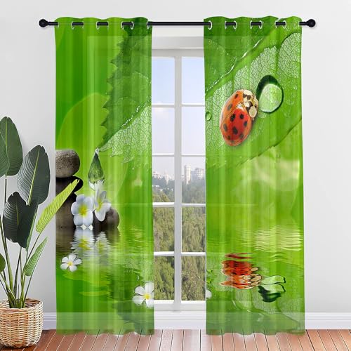 Odot Transparent Gardinen mit Ösen Schlaufen, Marienkäfer Druck Vorhänge Voile Sheer Vorhang Dekoschal Fensterschal Ösenvorhang für Wohnzimmer Fenster 2er Set (Grün,132x244cm) von Odot