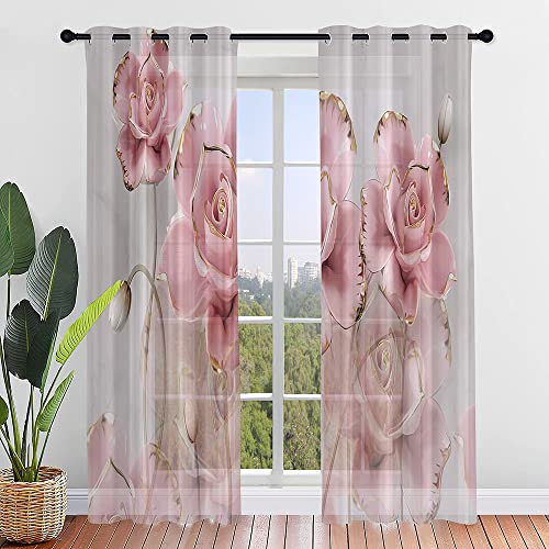 Odot Transparent Gardinen mit Ösen Schlaufen, Rosen Blume Drucken Vorhänge Voile Sheer Vorhang Dekoschal Fensterschal Ösenvorhang für Wohnzimmer Fenster 2er Set (140x244cm,Rose 5) von Odot
