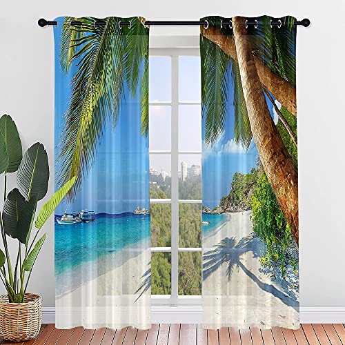 Odot Transparent Gardinen mit Ösen Schlaufen, Strand Drucken Vorhänge Voile Sheer Vorhang Dekoschal Fensterschal Ösenvorhang für Wohnzimmer Fenster 2er Set (140x244cm,Boot) von Odot