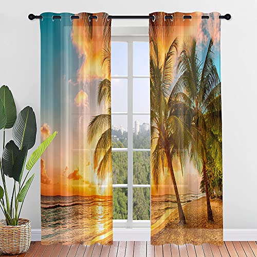 Odot Transparent Gardinen mit Ösen Schlaufen, Strand Drucken Vorhänge Voile Sheer Vorhang Dekoschal Fensterschal Ösenvorhang für Wohnzimmer Fenster 2er Set (140x244cm,Kokosnussbaum) von Odot