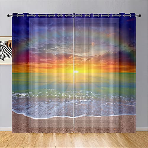 Odot Transparent Gardinen mit Ösen Schlaufen, Strand Wellen Drucken Vorhänge Voile Sheer Vorhang Dekoschal Fensterschal Ösenvorhang für Wohnzimmer Fenster 2er Set (Sonne,107x213cm) von Odot