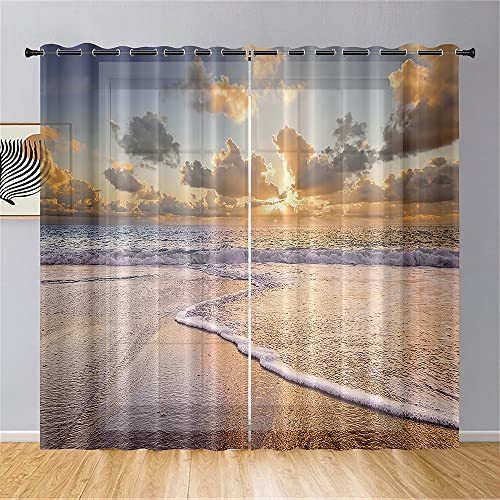 Odot Transparent Gardinen mit Ösen Schlaufen, Strand Wellen Drucken Vorhänge Voile Sheer Vorhang Dekoschal Fensterschal Ösenvorhang für Wohnzimmer Fenster 2er Set (Sonnenuntergang,140x244cm) von Odot