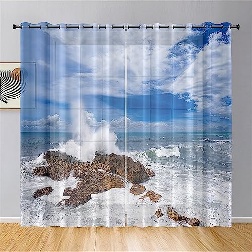Odot Transparent Gardinen mit Ösen Schlaufen, Strand Wellen Drucken Vorhänge Voile Sheer Vorhang Dekoschal Fensterschal Ösenvorhang für Wohnzimmer Fenster 2er Set (Stein,140x244cm) von Odot