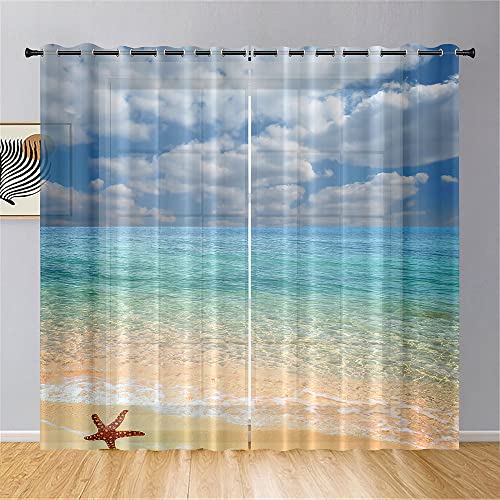 Odot Transparent Gardinen mit Ösen Schlaufen, Strand Wellen Drucken Vorhänge Voile Sheer Vorhang Dekoschal Fensterschal Ösenvorhang für Wohnzimmer Fenster 2er Set (Wolke,132x160cm) von Odot