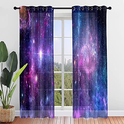 Odot Transparent Gardinen mit Ösen Schlaufen, Vorhänge Voile Sheer Vorhang 3D Sternenhimme lDekoschal Fensterschal Ösenvorhang für Wohnzimmer küche Fenster, 2er Set (140x160cm,Lila) von Odot