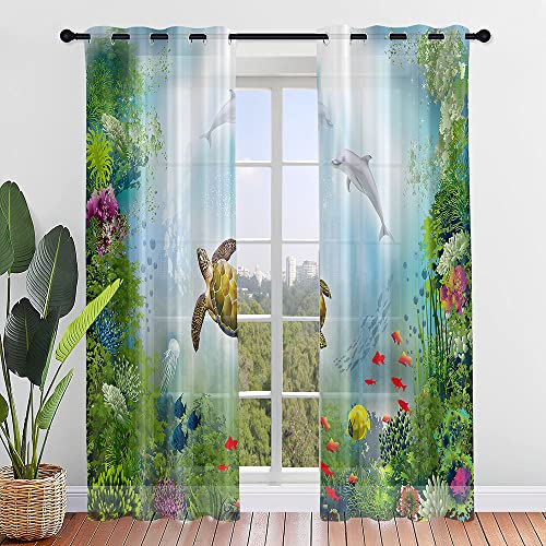 Odot Transparent Gardinen mit Ösen Schlaufen, Vorhänge Voile Sheer Vorhang 3D Unterwasserwelt Dekoschal Fensterschal Ösenvorhang für Wohnzimmer küche Fenster, 2er (Wassergras,80x115cm) von Odot