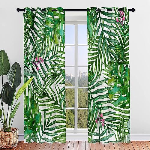 Odot Transparent Gardinen mit Ösen Schlaufen, Vorhänge Voile Sheer Vorhang Grüne Palmblätter Dekoschal Fensterschal Ösenvorhang für Wohnzimmer küche Fenster, 2er Set (Tropenpflanzen 2,107x213cm) von Odot