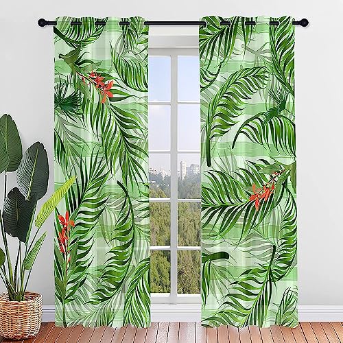 Odot Transparent Gardinen mit Ösen Schlaufen, Vorhänge Voile Sheer Vorhang Grüne Palmblätter Dekoschal Fensterschal Ösenvorhang für Wohnzimmer küche Fenster, 2er Set (Tropenpflanzen 1,140x244cm) von Odot