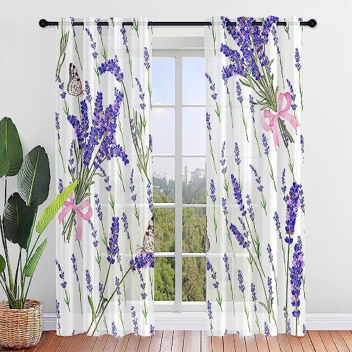 Odot Transparent Gardinen mit Ösen Schlaufen, lila Lavendel Druck Vorhänge Voile Sheer Vorhang Dekoschal Fensterschal Ösenvorhang für Wohnzimmer Fenster 2er Set (140x213cm,Lavendel) von Odot