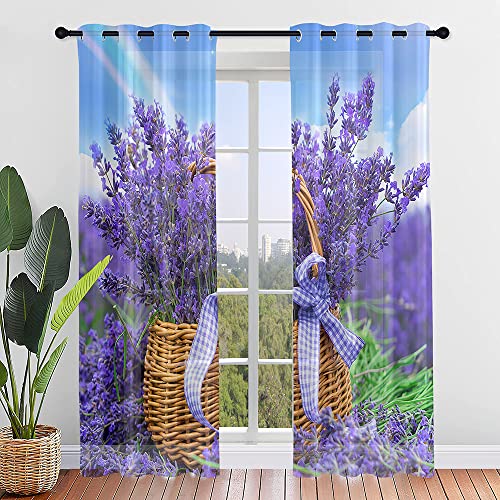 Odot Transparent Gardinen mit Ösen Schlaufen, lila Lavendel Druck Vorhänge Voile Sheer Vorhang Dekoschal Fensterschal Ösenvorhang für Wohnzimmer Fenster 2er Set (140x275cm,Blumenkorb) von Odot