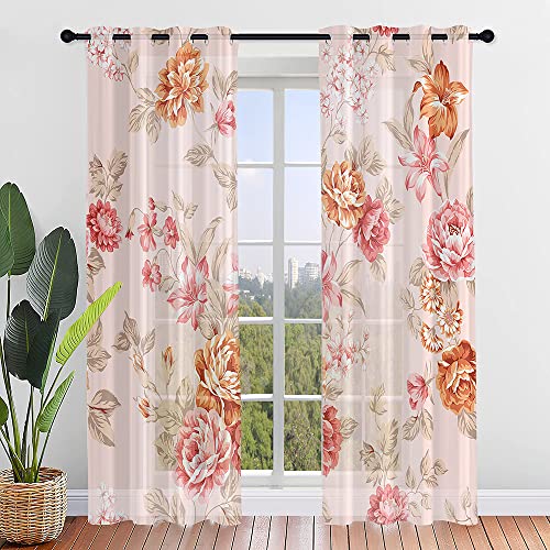 Odot Transparent Gardinen mit Ösen Schlaufen Blumen Drucken Vorhänge Voile Sheer Vorhang Dekoschal Fensterschal Ösenvorhang für Wohnzimmer Fenster 2er Set, Schienensystem (Chrysantheme,132x244cm) von Odot