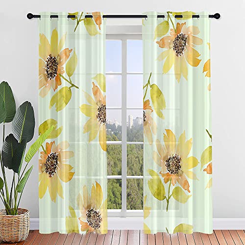 Odot Transparent Gardinen mit Ösen Schlaufen Blumen Drucken Vorhänge Voile Sheer Vorhang Dekoschal Fensterschal Ösenvorhang für Wohnzimmer Fenster 2er Set, Schienensystem (Gelbe Blumen,140x213cm) von Odot
