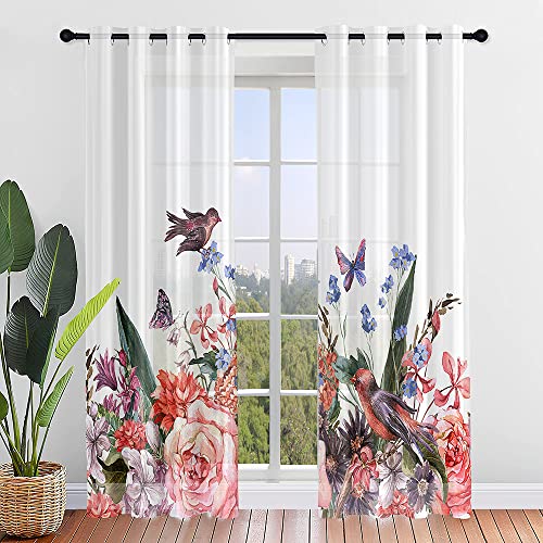 Odot Transparent Gardinen mit Ösen Schlaufen Blumen Drucken Vorhänge Voile Sheer Vorhang Dekoschal Fensterschal Ösenvorhang für Wohnzimmer Fenster 2er Set, Schienensystem (Vogel,140x275cm) von Odot