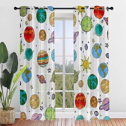 Odot Transparent Gardinen mit Ösen Schlaufen Kinderzimmer Vorhänge Voile Sheer Vorhang Dekoschal Fensterschal Ösenvorhang für Schlafzimmer Wohnzimmer 2er Set (140x160cm,Planet) von Odot