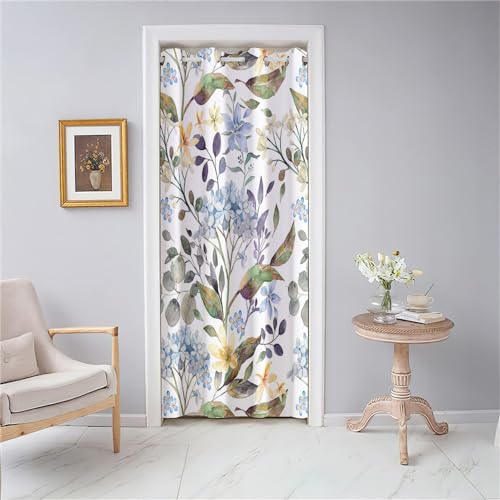 Odot Türvorhang Blickdicht mit Ösen, Verdunklungsvorhänge Isolierter Gardinen 3D Nordic-Blumendruck Raumteiler Vorhang für Wohnzimmer Schlafzimmer Fenster Tür Schrank (80x180cm,Blaue Blume) von Odot