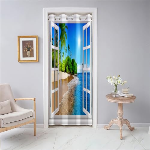 Odot Türvorhang Blickdicht mit Ösen, Verdunklungsvorhänge Isolierter Gardinen Kokosnussbaum Strand Druck Raumteiler Vorhang für Wohnzimmer Schlafzimmer Fenster Tür Schrank (130x200cm,Fenster) von Odot