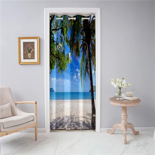 Odot Türvorhang Blickdicht mit Ösen, Verdunklungsvorhänge Isolierter Gardinen Kokosnussbaum Strand Druck Raumteiler Vorhang für Wohnzimmer Schlafzimmer Fenster Tür Schrank (168x229cm,Blauer Himmel) von Odot