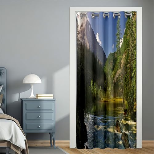 Odot Verdunkelungsvorhänge mit Ösen, 3D Bergblick Muster Blackout Vorhang Thermo Türvorhang Winddicht Türtrenner Raumteiler Vorhang Raumverdunkelung Thermovorhang (Bach,120x180cm) von Odot