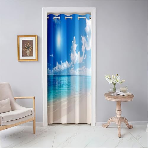 Odot Verdunkelungsvorhänge mit Ösen, 3D Meerblick Muster Blackout Vorhang Thermo Türvorhang Winddicht Türtrenner Raumteiler Vorhang Raumverdunkelung Thermovorhang (Blau Himmel,150x200cm) von Odot