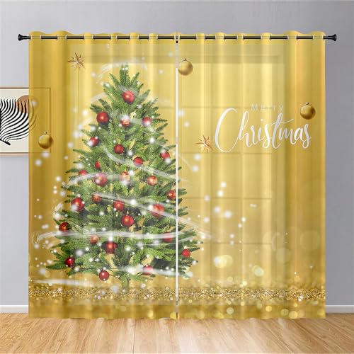 Odot Voile Vorhänge Halbtransparent Gardinen mit Ösen, 3D Weihnachtsbaum Druck Ösenvorhang 2 Stück Dekoschal Fensterschal Schiebegardinen Wohnzimmer Schlafzimmer Fenster (140x244cm,Gold) von Odot