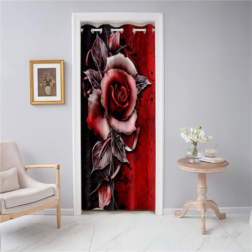 Odot Vorhang Blickdicht Türvorhang Thermo Gardinen Verdunklungsvorhänge mit Ösen, Stilvolle Rote Rose Muster Raumteiler Vorhang für Fenster Tür Schlafzimmer Schrank (150x200cm,Wunderschön) von Odot