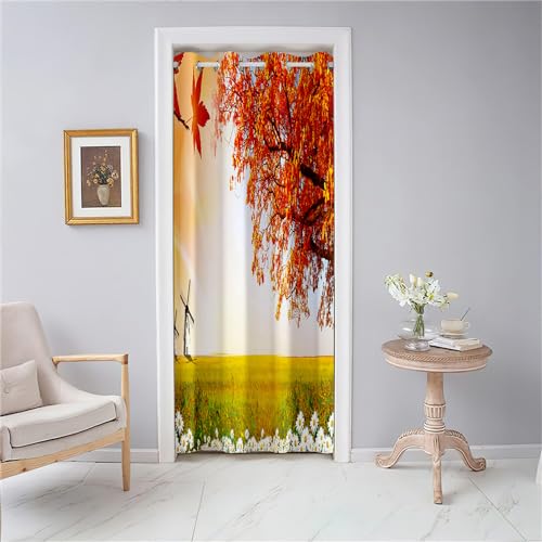 Odot Vorhang Blickdicht Türvorhang Thermo Gardinen Verdunklungsvorhänge mit Ösen und Herbst-Ahornblatt-Druck Raumteiler Vorhang für Fenster Tür Schlafzimmer Schrank (130x200cm,Wiese) von Odot