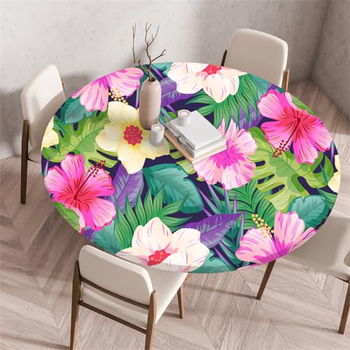 Odot Waschbare Elastische Runde Tischdecke 3D Blumen Anti-Tear Wischbare rutschfeste Rund Tischdecken Abwaschbar Abwischbar Tischtuch für Dekoration Garten Kaffee Partys (100cm,Tropisch) von Odot