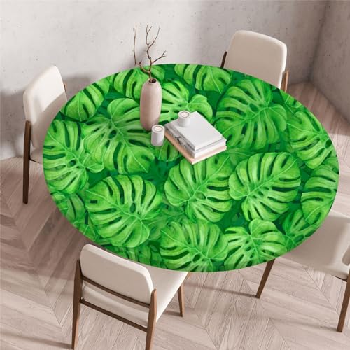 Odot Waschbare Elastische Runde Tischdecke 3D Grünpflanzen Anti-Tear Wischbare rutschfeste Rund Tischdecken Abwaschbar Abwischbar Tischtuch für Dekoration Garten Kaffee Partys (130cm,Grün) von Odot