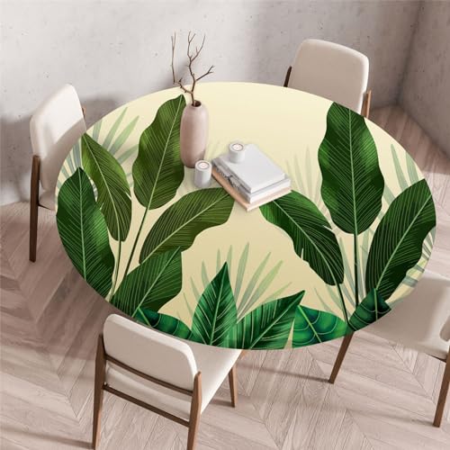 Odot Waschbare Elastische Runde Tischdecke 3D Grünpflanzen Anti-Tear Wischbare rutschfeste Rund Tischdecken Abwaschbar Abwischbar Tischtuch für Dekoration Garten Kaffee Partys (60cm,Gelb) von Odot