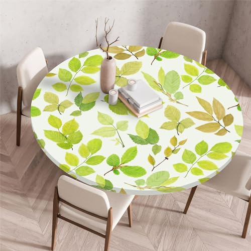 Odot Waschbare Elastische Runde Tischdecke 3D Grünpflanzen Anti-Tear Wischbare rutschfeste Rund Tischdecken Abwaschbar Abwischbar Tischtuch für Dekoration Garten Kaffee Partys (90cm,Blätter) von Odot