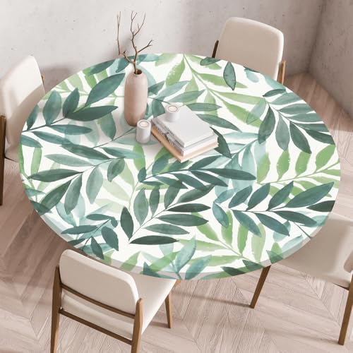 Odot Waschbare Elastische Runde Tischdecke 3D Grünpflanzen Anti-Tear Wischbare rutschfeste Rund Tischdecken Abwaschbar Abwischbar Tischtuch für Dekoration Garten Kaffee Partys (90cm,Malerei) von Odot