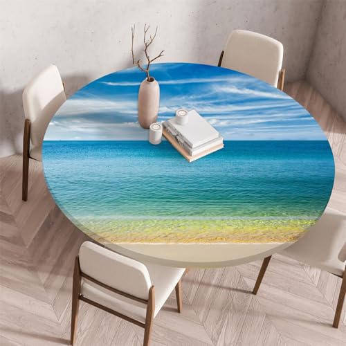 Odot Waschbare Elastische Runde Tischdecke 3D Natur Meerblick Anti-Tear Wischbare rutschfeste Rund Tischdecken Abwaschbar Abwischbar Tischtuch Holz für Dekoration Kaffee Garten (70cm,Himmel) von Odot