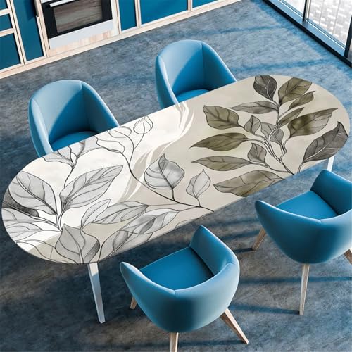 Odot Runde Elastische Ovale Tischdecke 3D Druck Abwaschbar Grau 107x165cm mit Gummizug, Pflanze Druck von Odot