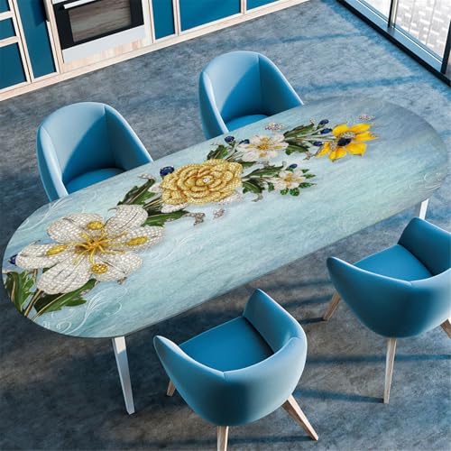 Odot Runde Elastische Ovale Tischdecke mit Gummizug, 3D Druck, Abwaschbar, Spanntischdecke, Outdoor, Oval, 91x152cm, Blumen von Odot