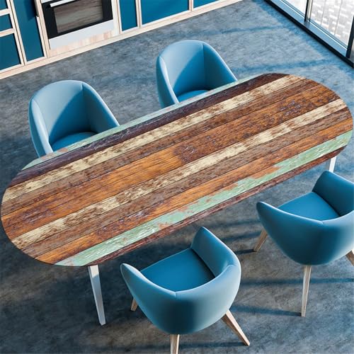 Odot Waschbare Elastische Runde Tischdecke Oval Abwaschbar Spanntischdecke Oval Gartentischdecke Outdoor Tischdecke mit Gummizug, 3D Holzmaserung (Blaugrün,107x152cm) von Odot