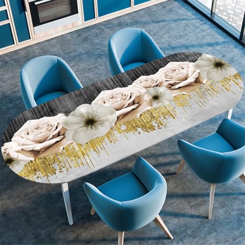 Odot Waschbare Elastische Runde Tischdecke Oval Abwaschbar Spanntischdecke Oval Gartentischdecke Outdoor Tischdecke mit Gummizug, Einfache Blätter (Rose,107x165cm) von Odot