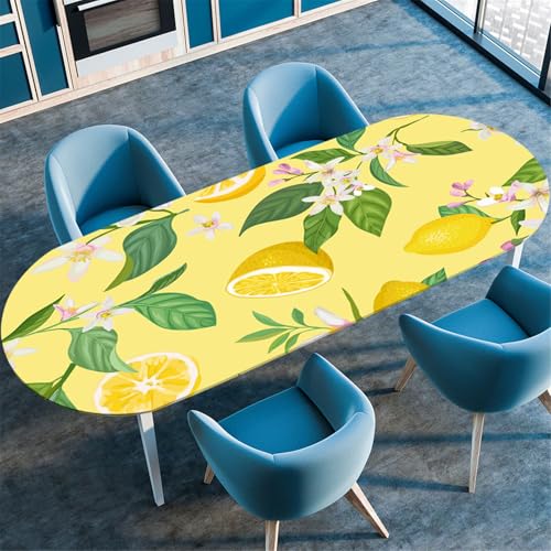 Odot Waschbare Elastische Runde Tischdecke Oval Abwaschbar Spanntischdecke Oval Gartentischdecke Outdoor Tischdecke mit Gummizug - 3D Frühlingsblumen (Grünes Blatt,107x152cm) von Odot