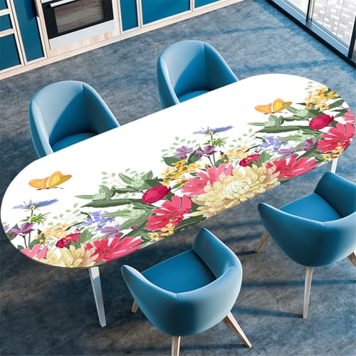 Odot Waschbare Elastische Runde Tischdecke Oval Abwaschbar Spanntischdecke Oval Gartentischdecke Outdoor Tischdecke mit Gummizug - Floraler Blumen (Schmetterling,107x173cm) von Odot