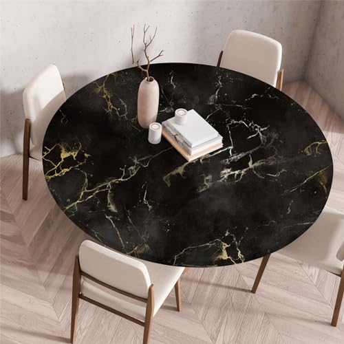 Odot Waschbare Elastische Runde Tischdecke Schwarz Marmor Anti-Tear Wischbare rutschfeste Rund Tischdecken Abwaschbar Abwischbar Tischtuch für Dekoration Garten Partys Kaffee (Gold,60cm) von Odot