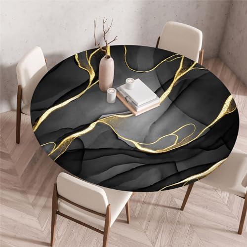 Odot Waschbare Elastische Runde Tischdecke Schwarz Marmor Anti-Tear Wischbare rutschfeste Rund Tischdecken Abwaschbar Abwischbar Tischtuch für Dekoration Garten Partys Kaffee (Grau,140cm) von Odot