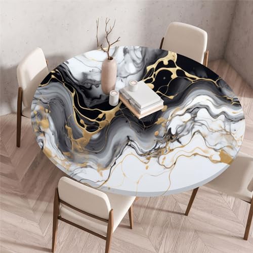 Odot Waschbare Elastische Runde Tischdecke Schwarz Marmor Anti-Tear Wischbare rutschfeste Rund Tischdecken Abwaschbar Abwischbar Tischtuch für Dekoration Garten Partys Kaffee (Weiß,100cm) von Odot