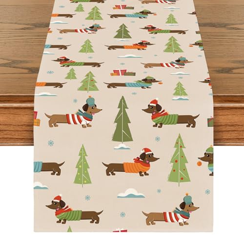 Odot Weihnachten Rot Tischläufer Jute Tischläufer, Herbstliche Dekoration Tischläufer Jute Tischläufer für Party Zubehör, Weihnachtstag Deko (Dackel,33x200cm) von Odot