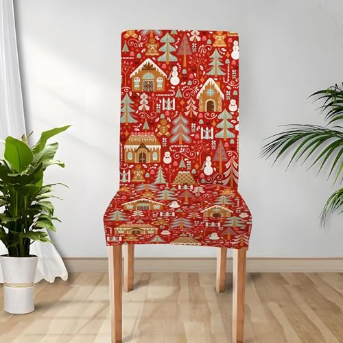 Odot Weihnachten Stuhlhussen mit 2-8 Stühlen Set, Rot Stretch Esstisch Stuhlhussen Hussen Waschbarer Stuhlbezug Sesselbezug für Weihnachtsfeier (Lebkuchenhaus,4er Set) von Odot