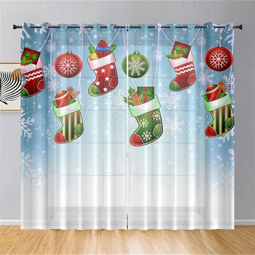 Odot Weihnachten Transparent Gardinen mit Ösen Schlaufen, Christmas Drucken Vorhänge Voile Sheer Vorhang Dekoschal Fensterschal Ösenvorhang für Wohnzimmer Fenster 2er Set (132x160cm,Schnee) von Odot