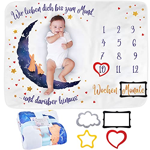 ODOXIA Baby Meilenstein Decke auf Deutsch | Monatsdecke Baby Junge & Mädchen, Unisex | Personalisiertes Baby Party-Geschenk | Motiv Mond & Sterne | Weich | Babydecke | Baby Monats-Decke Mit Rahmen von ODOXIA