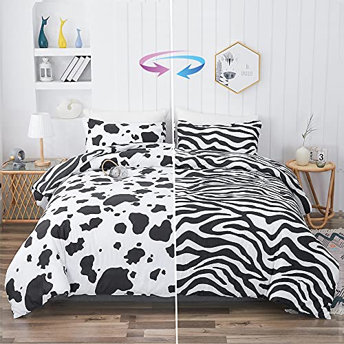 Oduo Bettwäsche Set 2/3 Teilig Reversible Schwarz Weiß Kühe Zebra Muster Mikrofaser Weiche Kuschelige Atmungsaktive Kissenbezug und Bettbezüge mit Reißverschluss (135x200cm-2pcs) von Oduo