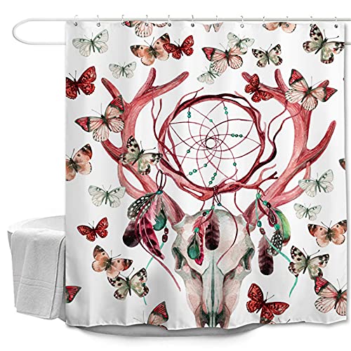 Oduo Duschvorhänge für Badewanne, 3D Traumfänger Drucken Duschvorhang Wasserdicht Antischimmel Bad Vorhang Waschbar Badewanne Vorhang mit 10-12 Duschvorhangringe (Roter Schmetterling,180x220cm) von Oduo