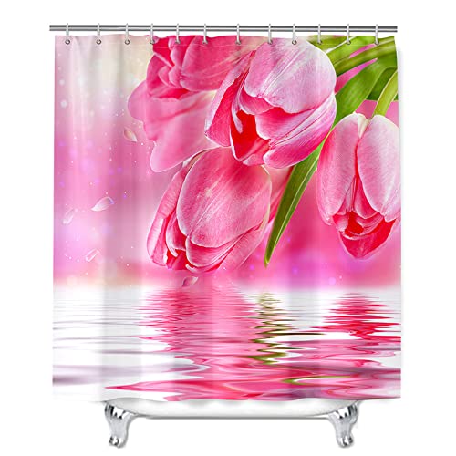 Oduo Duschvorhänge für Badewanne, 3D Tulpenblumen Drucken Duschvorhang Wasserdicht Antischimmel Bad Vorhang Waschbar Badewanne Vorhang mit 10-12 Duschvorhangringe (Rosa Tulpe,180x200cm) von Oduo